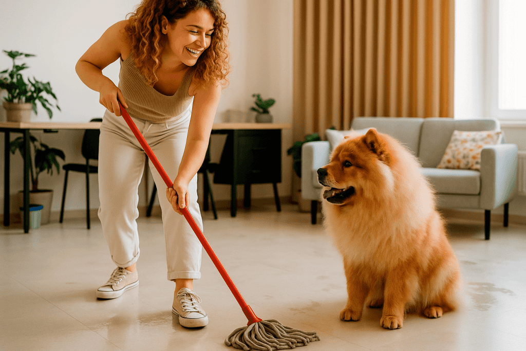 mulher limpando a casa utilizando limpador perfumado ZAB ao lado do seu cachorro