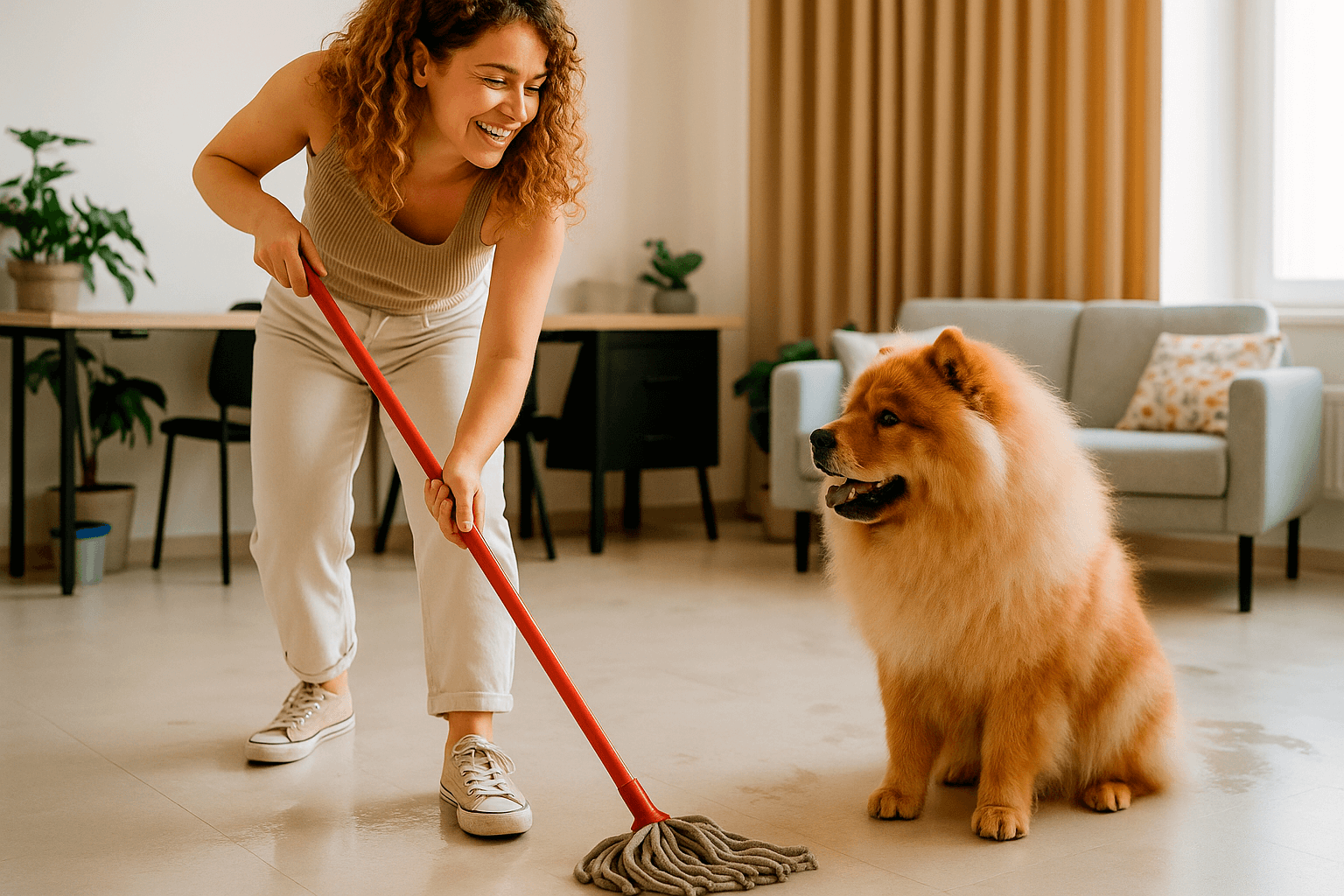 mulher limpando a casa utilizando limpador perfumado ZAB ao lado do seu cachorro